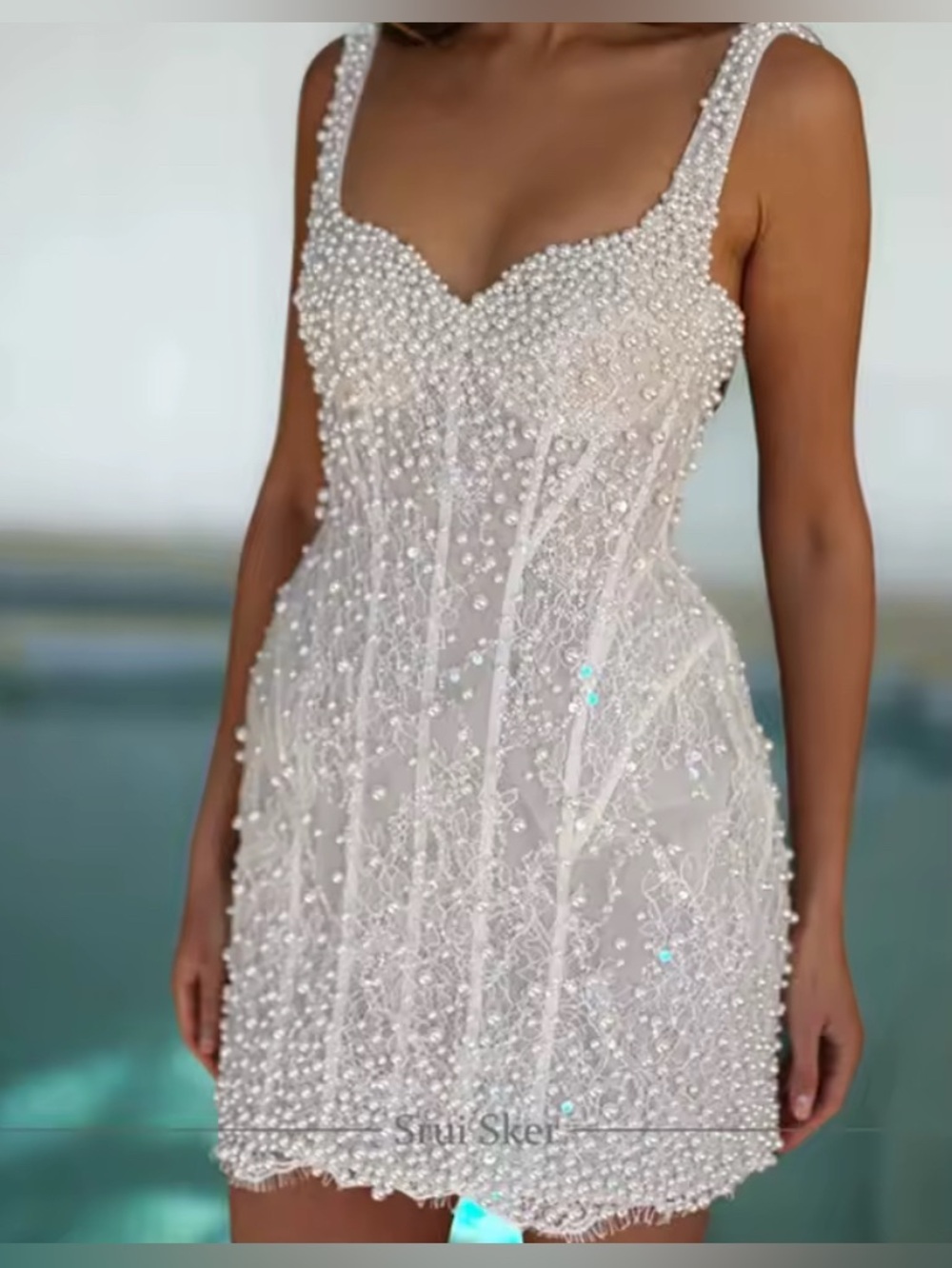 NEW $685 Adora Pearl-Embellished  Structured Mini Dress - White